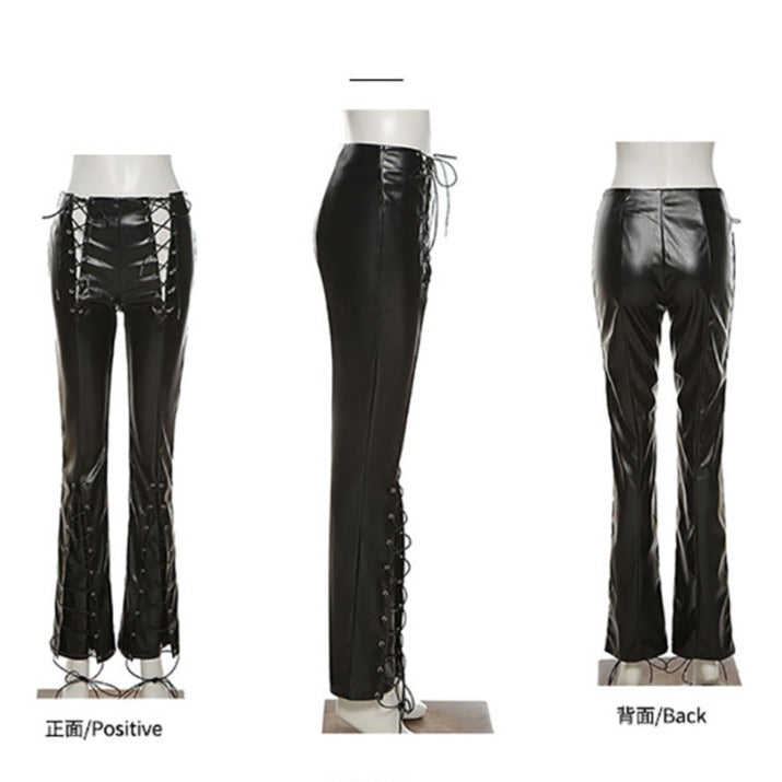 Laced-up Slim Fitting Patent Vegan PU Leather straight Leg Pants! Sexy  Fashion 2301