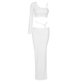 White Sexy Slim Fitting Asymmetric Ribbed Knitwear Crop Top and Long Skirt 2-Piece Set! Women's Fashion 2205