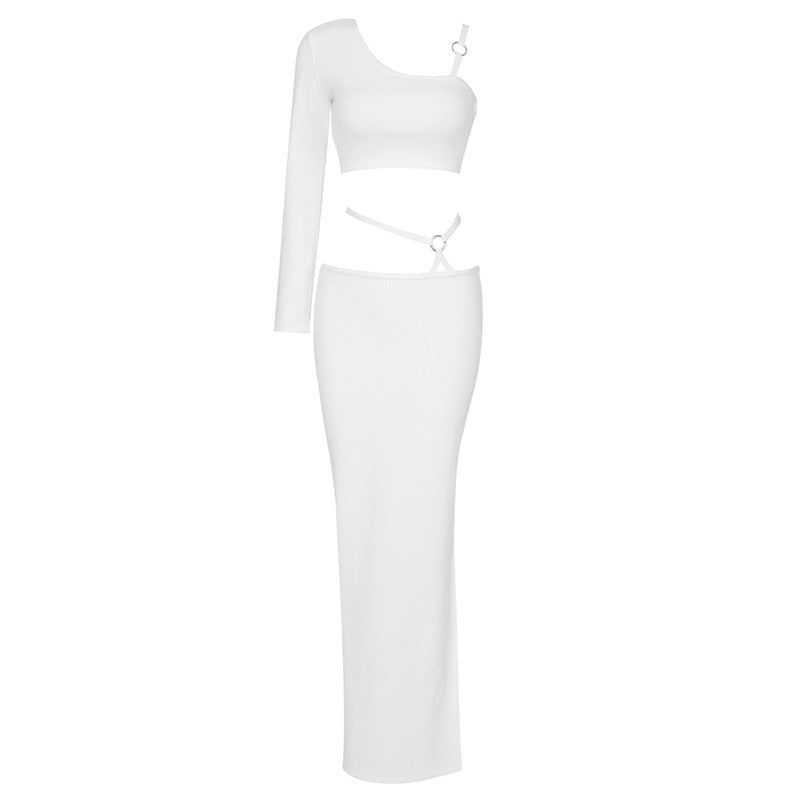 White Sexy Slim Fitting Asymmetric Ribbed Knitwear Crop Top and Long Skirt 2-Piece Set! Women's Fashion 2205