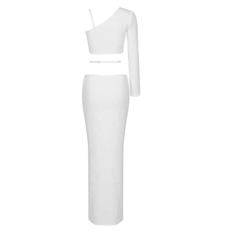 White Sexy Slim Fitting Asymmetric Ribbed Knitwear Crop Top and Long Skirt 2-Piece Set! Women's Fashion 2205