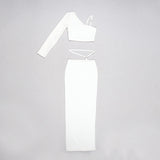 White Sexy Slim Fitting Asymmetric Ribbed Knitwear Crop Top and Long Skirt 2-Piece Set! Women's Fashion 2205