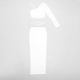 White Sexy Slim Fitting Asymmetric Ribbed Knitwear Crop Top and Long Skirt 2-Piece Set! Women's Fashion 2205