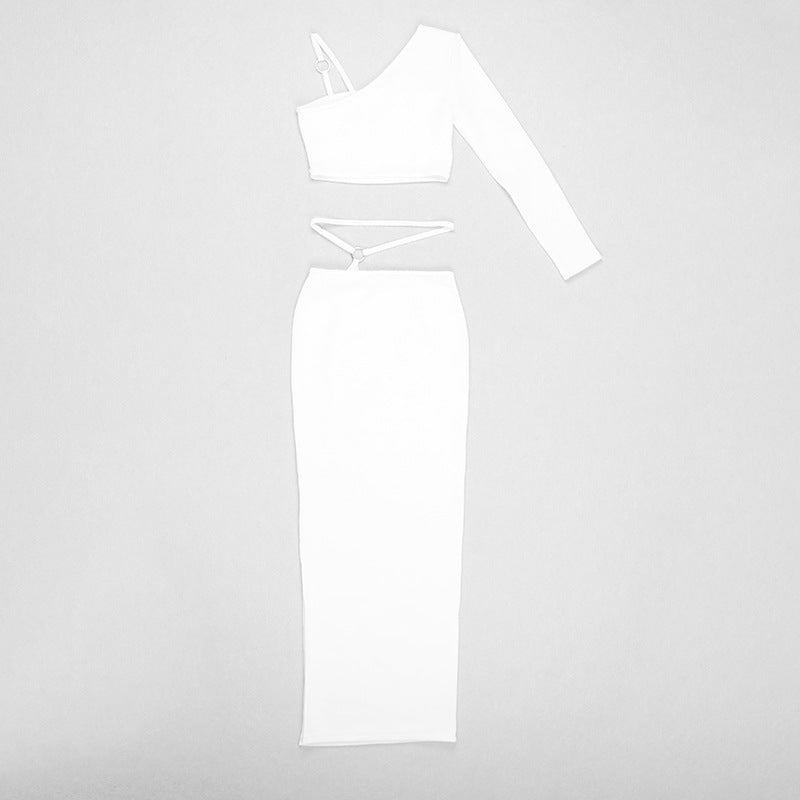 White Sexy Slim Fitting Asymmetric Ribbed Knitwear Crop Top and Long Skirt 2-Piece Set! Women's Fashion 2205