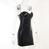 Jewelry Trimmed Slim Fitting Vegan Patent PU Leather Slip Dress! Sexy Night Club Dress fashion 2301