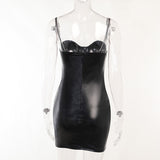 Jewelry Trimmed Slim Fitting Vegan Patent PU Leather Slip Dress! Sexy Night Club Dress fashion 2301