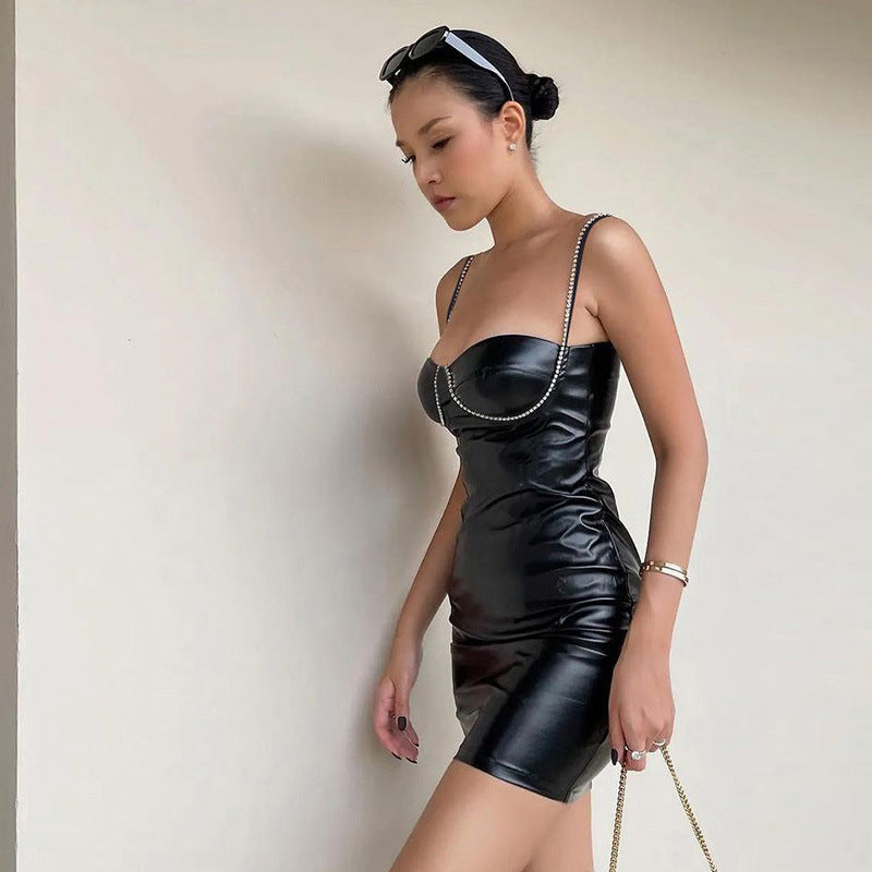 Jewelry Trimmed Slim Fitting Vegan Patent PU Leather Slip Dress! Sexy Night Club Dress fashion 2301