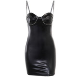 Jewelry Trimmed Slim Fitting Vegan Patent PU Leather Slip Dress! Sexy Night Club Dress fashion 2301