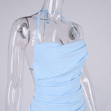 Blue Wrinkled Backless Sexy Halter Bodycon Dress! Sexy Night Dress Celebrity Fashion 2111 - KellyModa Store