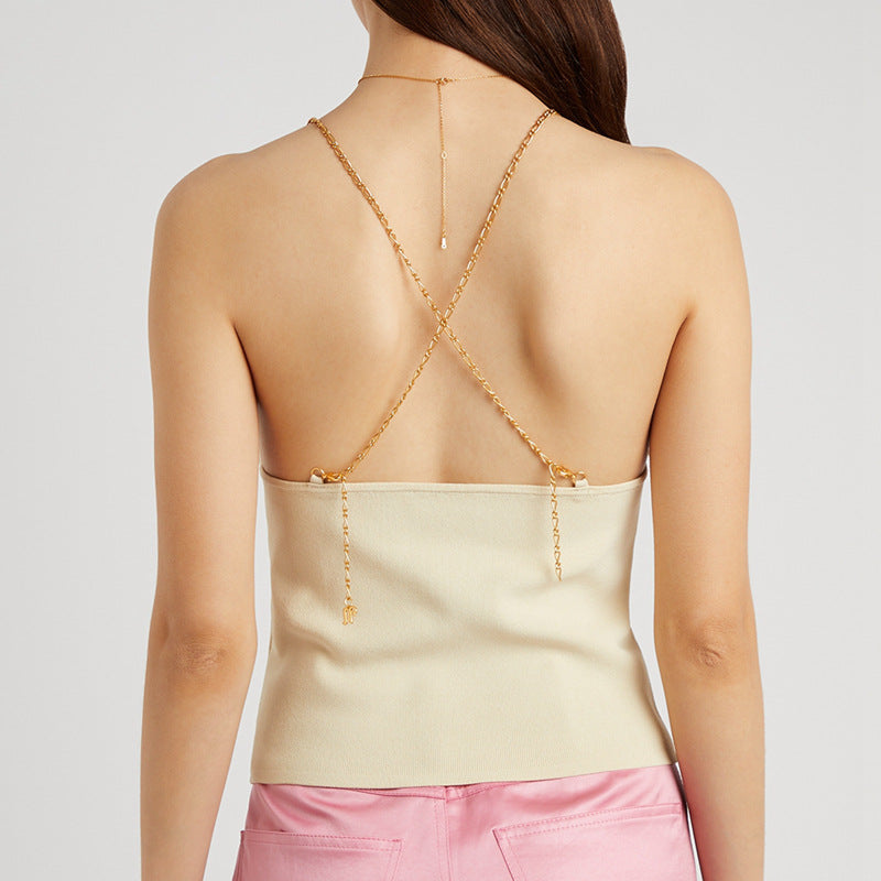 Metal Chain Strap Backless Slip Top Minimal Basic Style Women's Vest !  Designer Fashion 2206