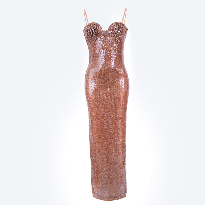 Caramel Sequins Slip Dress! Shining Chocolate Color Luxury Event Long Slip Dress! Event Dress 2304