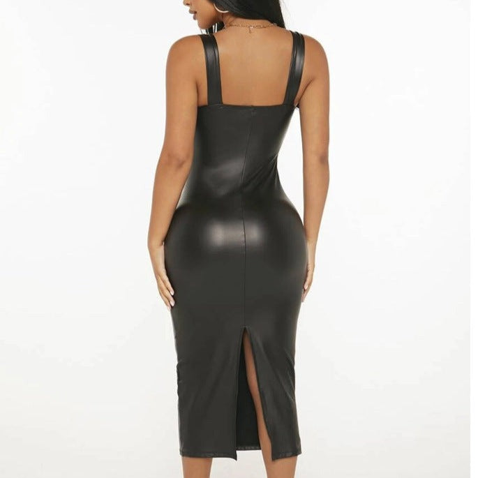 Minimal Classic Tank Strap Sexy PU Vegan Leather Slip Dress! Sexy NightClub Dress fashion 2301