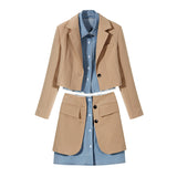 Jeans Blue Shirt and Blazer Faux 2-Piece! Long Sleeve Blazer and Skirt 2-Piece Set! 2207