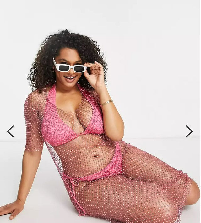 Pink Fishnet See-through Mesh Dress with Rhinestones , Bikini Cover Up ClubWear 2206