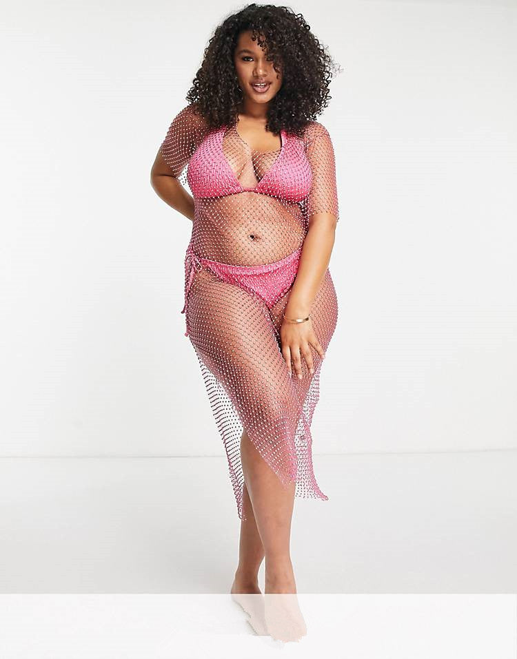 Pink Fishnet See-through Mesh Dress with Rhinestones , Bikini Cover Up ClubWear 2206