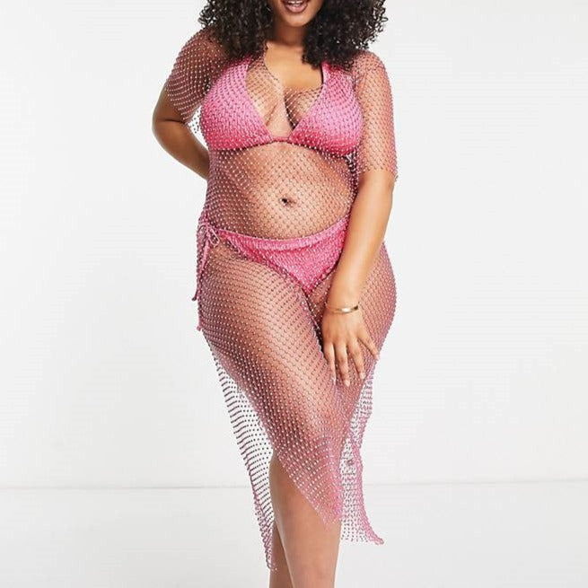 Pink Fishnet See-through Mesh Dress with Rhinestones , Bikini Cover Up ClubWear 2206