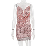 Sequins pink! Plunged Shining Backless Slip Dress! Sexy Dress Celebrity Fashion 2201