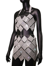 BlingBling Metallic Squares Crop Top and Skirt 2-piece Set! Shining Rhinestones 2-Piece Set, Sexy Clubwear