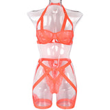 Hot Fluorescent Orange! Sexy Mesh Lingerie Bra Panty and Garter Belt 3-Piece Matching Set, Sexy Lingerie Underwear