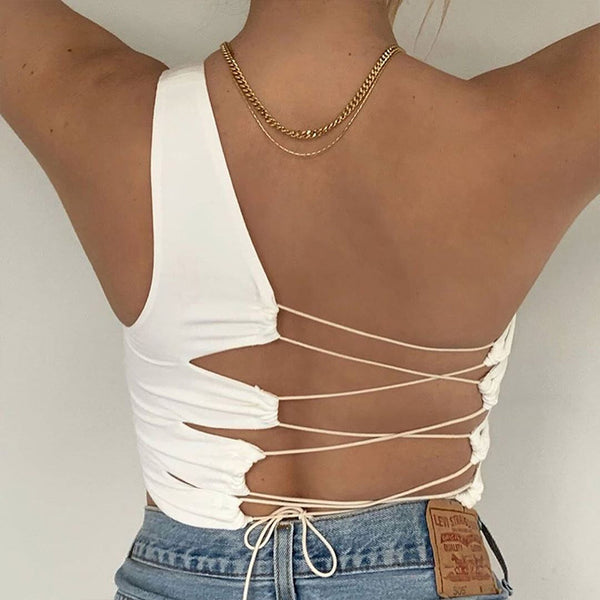 Sexy Laced-Up Crop Tank Top! Sexy Backless Cropped Top Club Top Cyber single Shoulder Fashion 2201