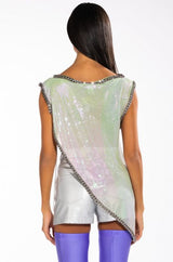 Long Asymmetric! Drapping Sexy Top with Flicker Metallic Fabric , Shining Tops