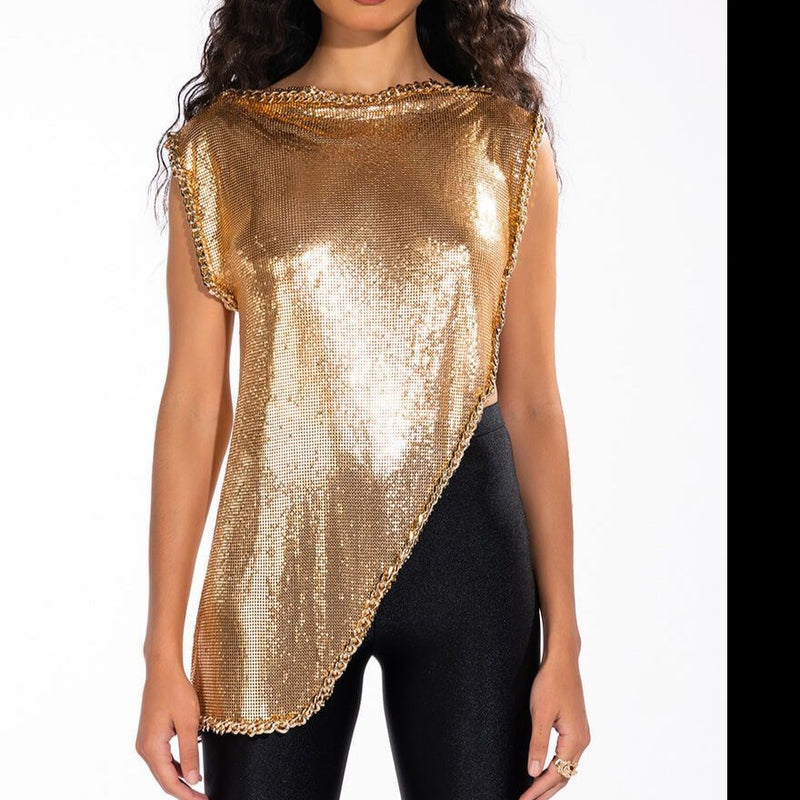 Long Asymmetric! Drapping Sexy Top with Flicker Metallic Fabric , Shining Tops