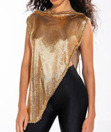 Long Asymmetric! Drapping Sexy Top with Flicker Metallic Fabric , Shining Tops