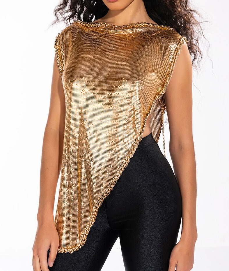 Long Asymmetric! Drapping Sexy Top with Flicker Metallic Fabric , Shining Tops