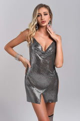 Metallic Sexy Backless Slim Fitting Halter Dress Sequins Silver Red Pink, Shining Clubwear