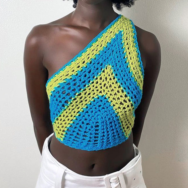 Crocheted Sexy One Shoulder Sweater Crop Top Knitwear! Chevron Sexy Sweater Top 2201