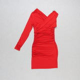 Hot Red Wrinkled Bandage! One Sleeve Asymmetric Dress! Sexy Dress Celebrity Fashion 2202