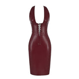 Lace-Up Leather! Wine Plunged Low Cut Sleeveless Dress ! Sexy Event Dress 2211