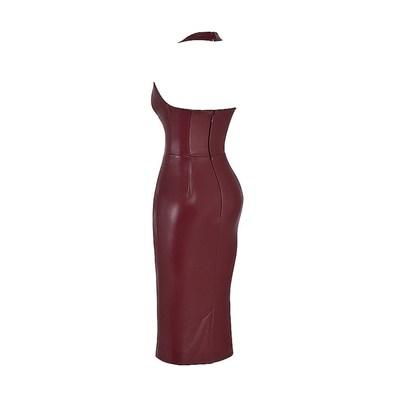 Lace-Up Leather! Wine Plunged Low Cut Sleeveless Dress ! Sexy Event Dress 2211