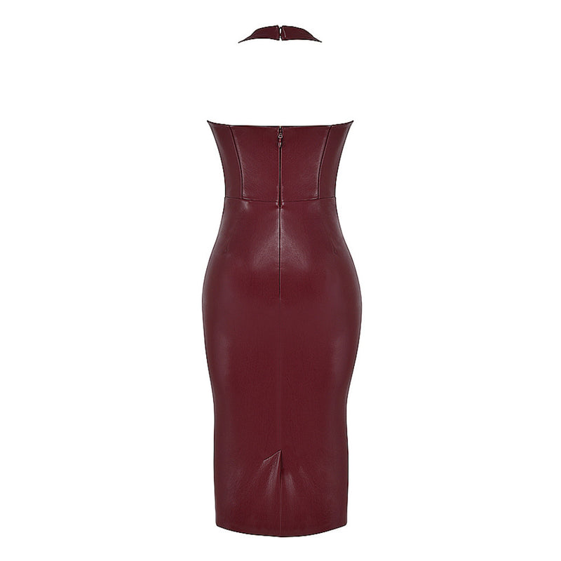 Lace-Up Leather! Wine Plunged Low Cut Sleeveless Dress ! Sexy Event Dress 2211