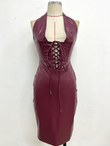 Lace-Up Leather! Wine Plunged Low Cut Sleeveless Dress ! Sexy Event Dress 2211