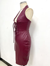 Lace-Up Leather! Wine Plunged Low Cut Sleeveless Dress ! Sexy Event Dress 2211