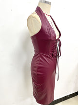 Lace-Up Leather! Wine Plunged Low Cut Sleeveless Dress ! Sexy Event Dress 2211