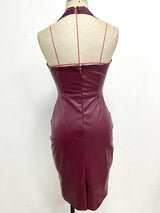 Lace-Up Leather! Wine Plunged Low Cut Sleeveless Dress ! Sexy Event Dress 2211