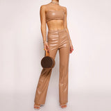 Sexy Patent Vegan PU Leather Crop Slip Top and Pants 2-piece set! Sexy Slip NightClub Fashion 2111 - KellyModa Store