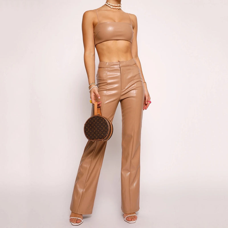 Sexy Patent Vegan PU Leather Crop Slip Top and Pants 2-piece set! Sexy Slip NightClub Fashion 2111 - KellyModa Store