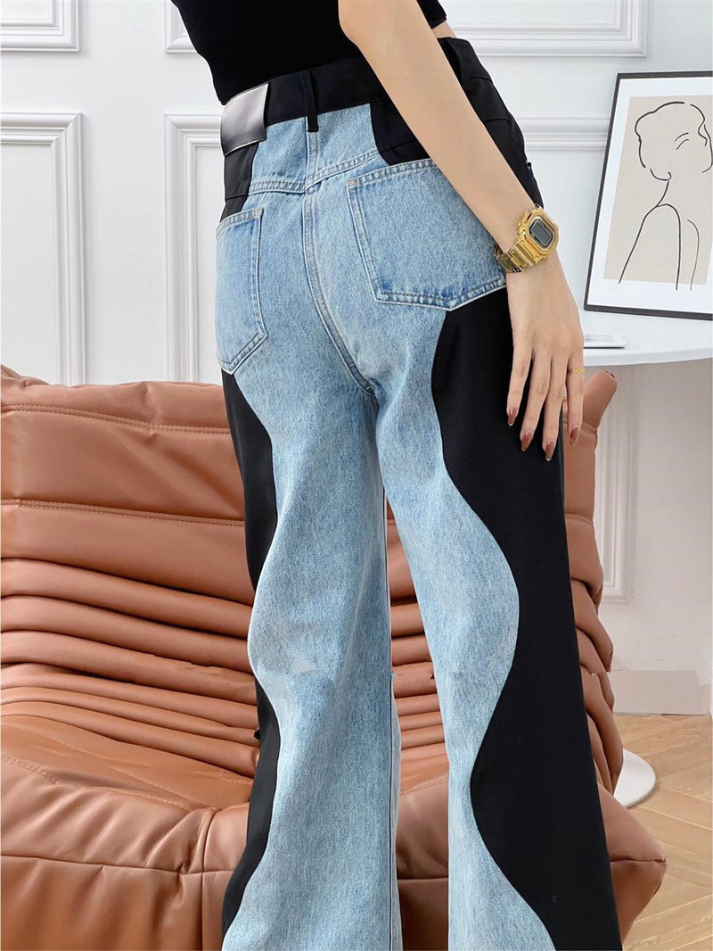 Curves Color Contrast Wide-Leg! High Waisted Blue Denim Jeans Femme Bottoms