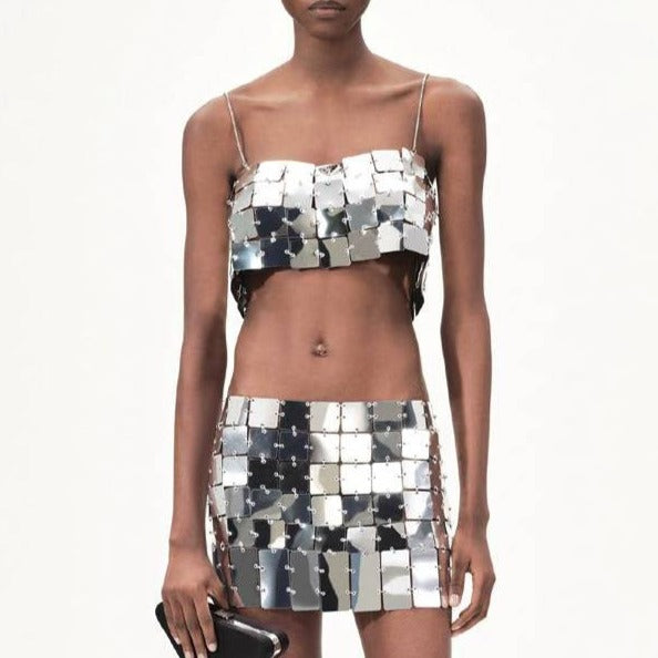 Silver Mosaic Hand Crafted Square Plates Metal Crop Top and Mini Skirt 2-Piece Set! Sexy Hot ClubWear 2304