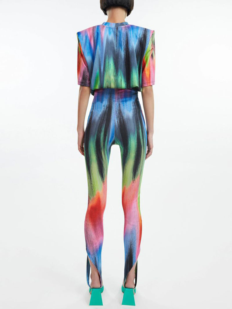 Unreal Color Stripes Printed Tee and Stirup Legging 2-piece Set! Striped Pants Designer Fashion 2201 - KellyModa Store