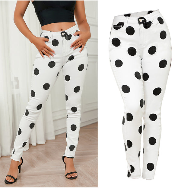 Polka Dots Skinny! Women Dotted Pants Jeans, Striped Slim Fitting Women Jeans, Femme Bottoms - KellyModa Store