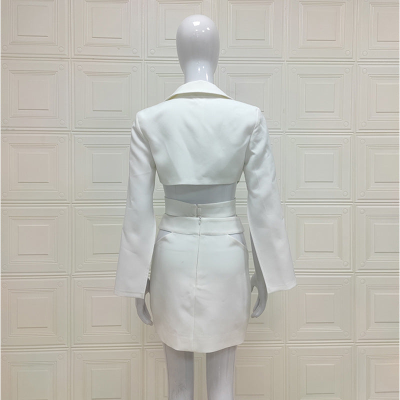 Long Sleeves White Cut Out Blazer Top and mini Skirt 2-Piece Set! High Street Fashion 2112 - KellyModa Store