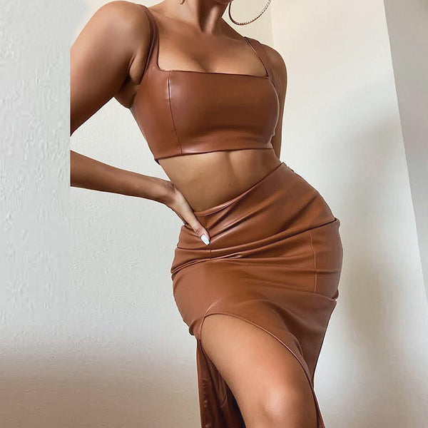 Crop Tank Top and Skirt 2-piece Set! Sexy Patent Vegan PU Leather Top and Skirt 2-piece set 2301