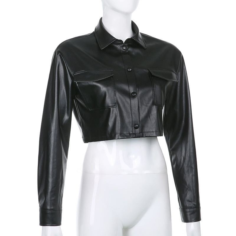 Dashing Cropped Leather Jacket Top Long Sleeve! Sexy Patent Vegan PU Leather Jacket Top 2301