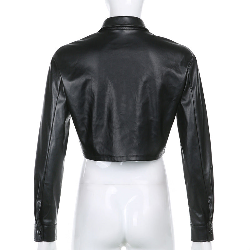 Dashing Cropped Leather Jacket Top Long Sleeve! Sexy Patent Vegan PU Leather Jacket Top 2301