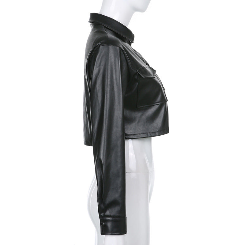 Dashing Cropped Leather Jacket Top Long Sleeve! Sexy Patent Vegan PU Leather Jacket Top 2301