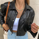 Dashing Cropped Leather Jacket Top Long Sleeve! Sexy Patent Vegan PU Leather Jacket Top 2301