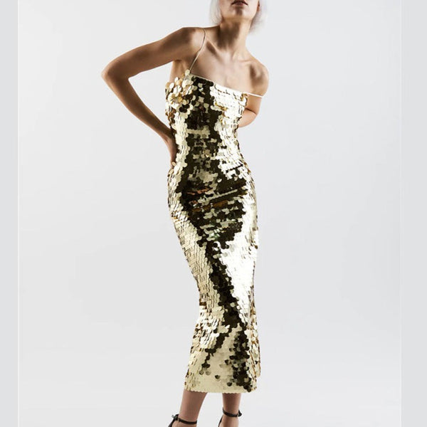 Stunningly Luxury Gold Blingbling Slip Dress! Shining Gold Luxury Event Long Event Dress 2304